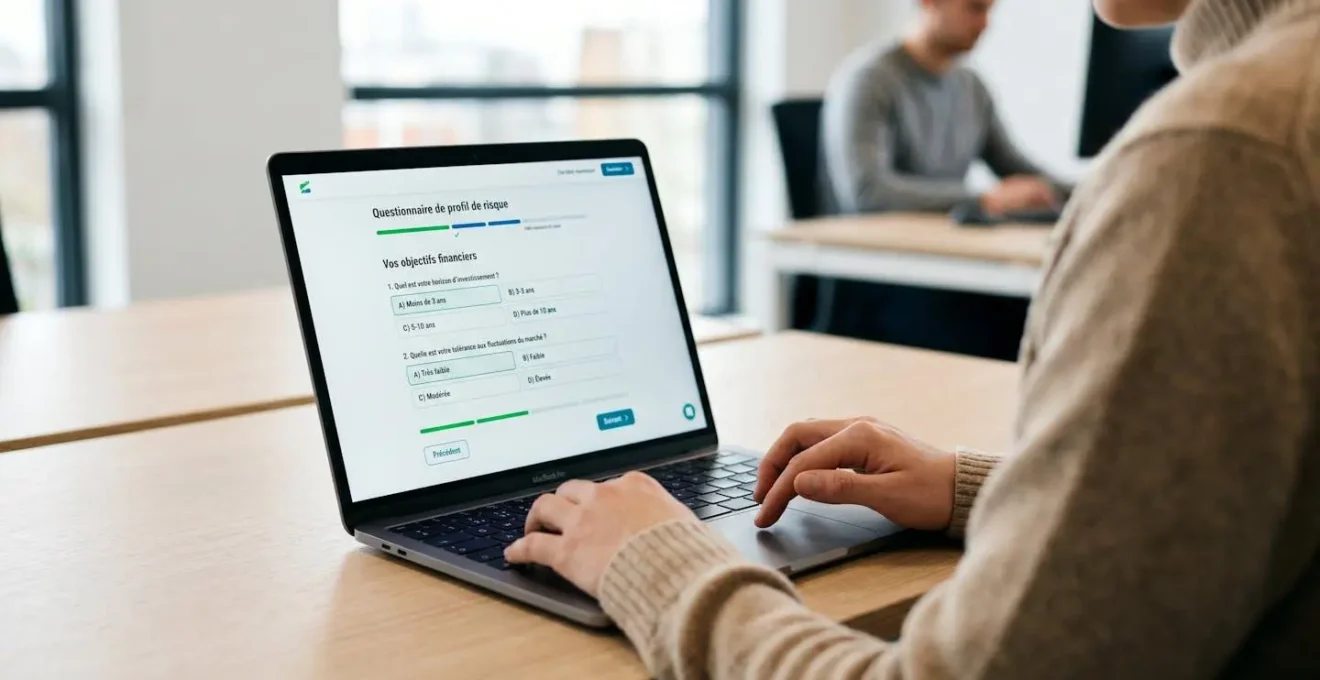 Une femme dans la trentaine consulte une interface de gestion de portefeuille sur son ordinateur portable, dans un espace de travail moderne et lumineux