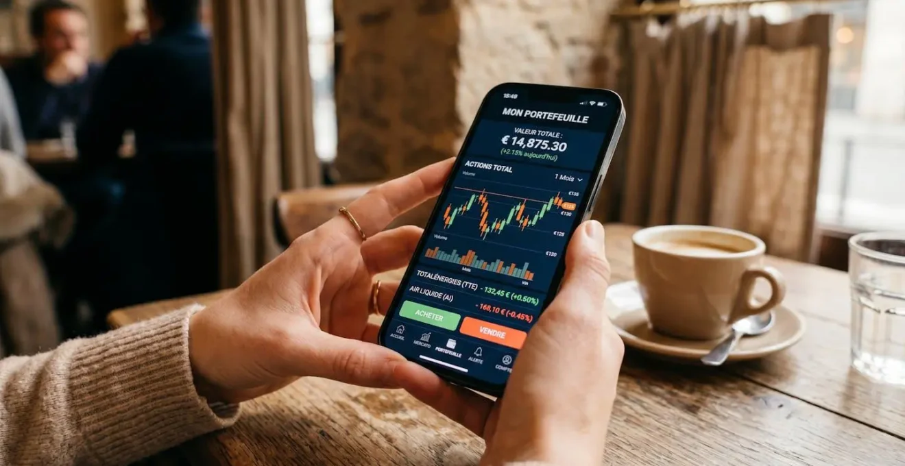 Un homme dans la quarantaine analyse des graphiques de performance boursière sur son smartphone, assis à une table de café avec une tasse de café à côté