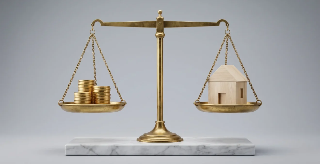 Balance en laiton en équilibre avec des pièces d'or d'un côté et une maison miniature de l'autre, symbolisant l'équilibre du taux d'endettement