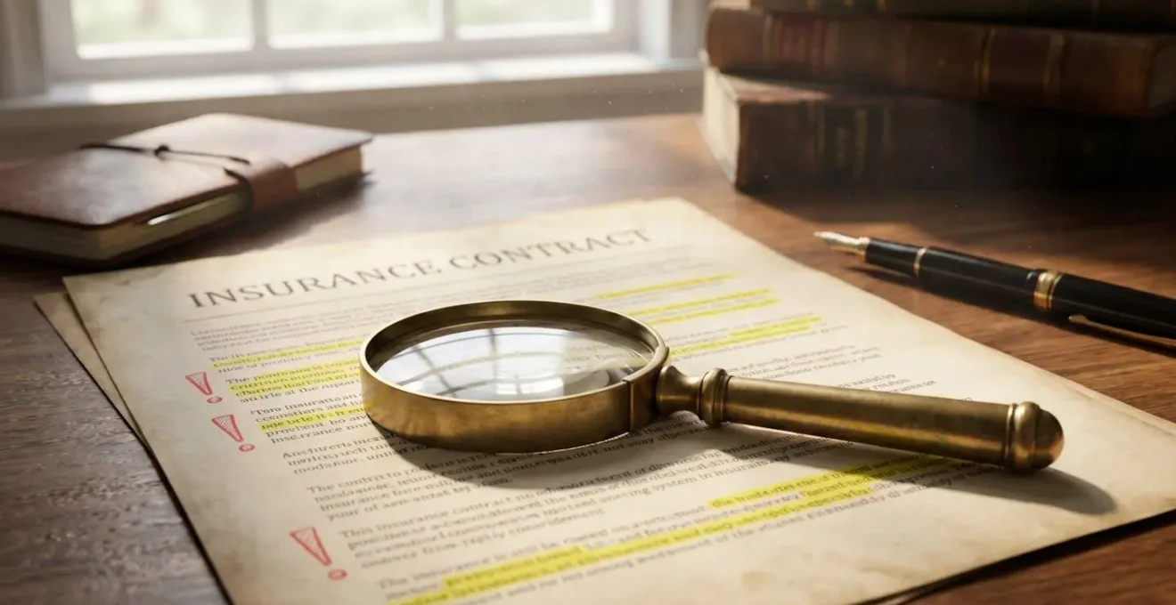 Loupe vintage en laiton posée sur un contrat d'assurance ouvert avec passages surlignés en jaune symbolisant l'audit des clauses et exclusions
