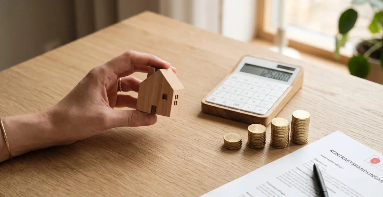 Main tenant une petite maison en bois sur une table avec calculatrice, pièces empilées et document de contrat, symbolisant la planification d'un crédit immobilier