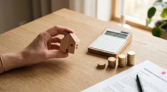 Main tenant une petite maison en bois sur une table avec calculatrice, pièces empilées et document de contrat, symbolisant la planification d'un crédit immobilier