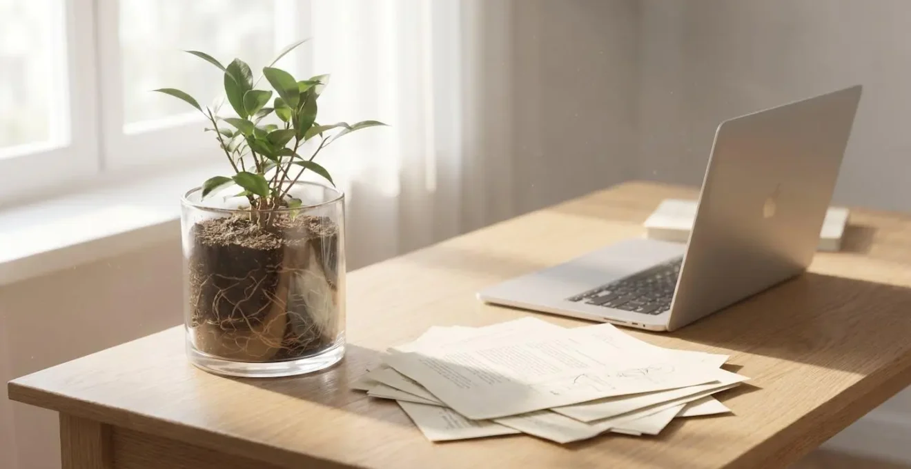 Plante en pot transparent sur bureau en bois clair avec racines visibles symbolisant la solidité apparente et la fragilité d'une entreprise familiale