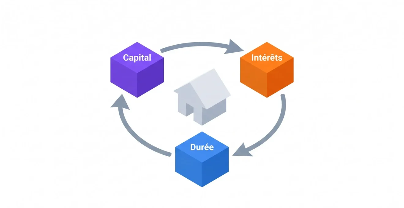 Schéma isométrique illustrant le cycle du crédit immobilier avec capital, intérêts et durée connectés autour d'une maison