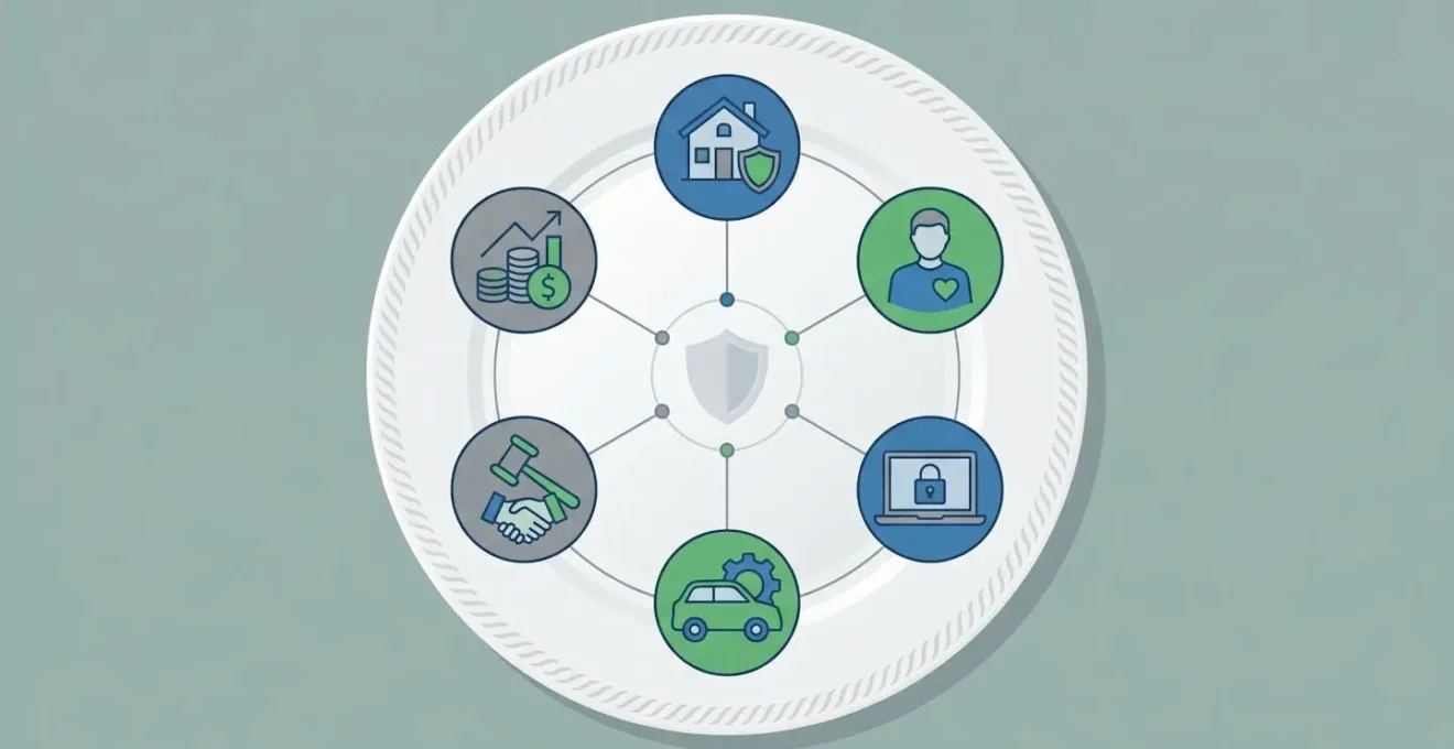 Illustration flat design six icônes d'assurances professionnelles interconnectées en cercle représentant une couverture globale d'entreprise familiale