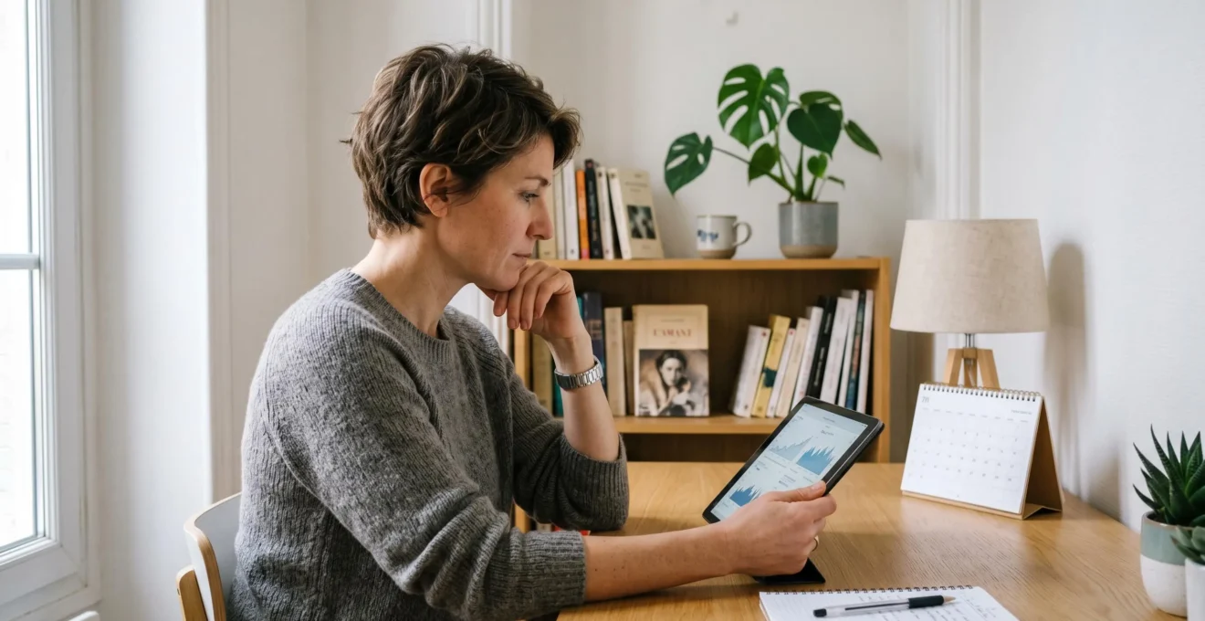 Femme consultant une plateforme d'investissement en ligne sur tablette dans son bureau à domicile lumineux et épuré