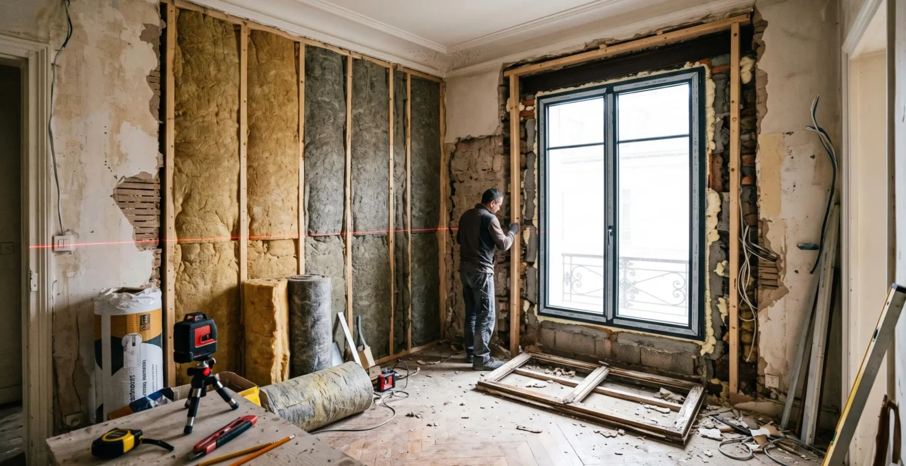 Chantier de rénovation énergétique dans une maison française montrant isolation thermique en cours d'installation, fenêtre double vitrage neuve et outils d'artisan professionnels au sol