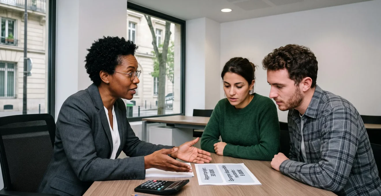 Une conseillère bancaire explique à un jeune couple la distinction entre apport personnel et épargne de précaution disponible sur un document affichant les deux montants distincts, dans une salle de réunion d'agence bancaire
