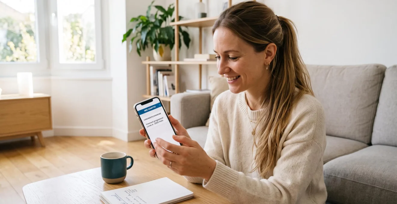 Une jeune femme consulte sur son smartphone une interface bancaire affichant un virement programmé mensuel automatique vers son Livret A, dans son salon contemporain lumineux
