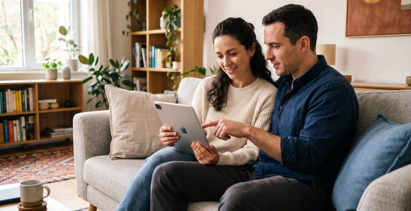 Couple consultant ensemble une application bancaire sur une tablette, assis sur un canapé dans un intérieur moderne