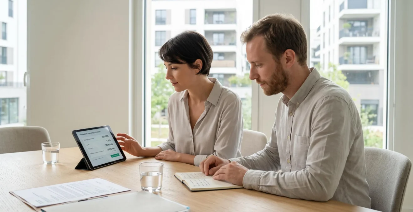 Un couple trentenaire consulte ensemble des documents de financement immobilier et une simulation de crédit sur tablette dans un bureau bancaire moderne, avec un carnet budgétaire mentionnant l'épargne mensuelle au premier plan