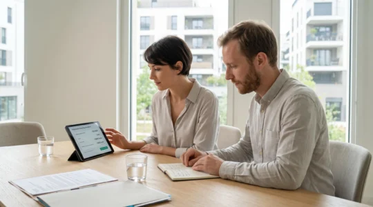 Un couple trentenaire consulte ensemble des documents de financement immobilier et une simulation de crédit sur tablette dans un bureau bancaire moderne, avec un carnet budgétaire mentionnant l'épargne mensuelle au premier plan