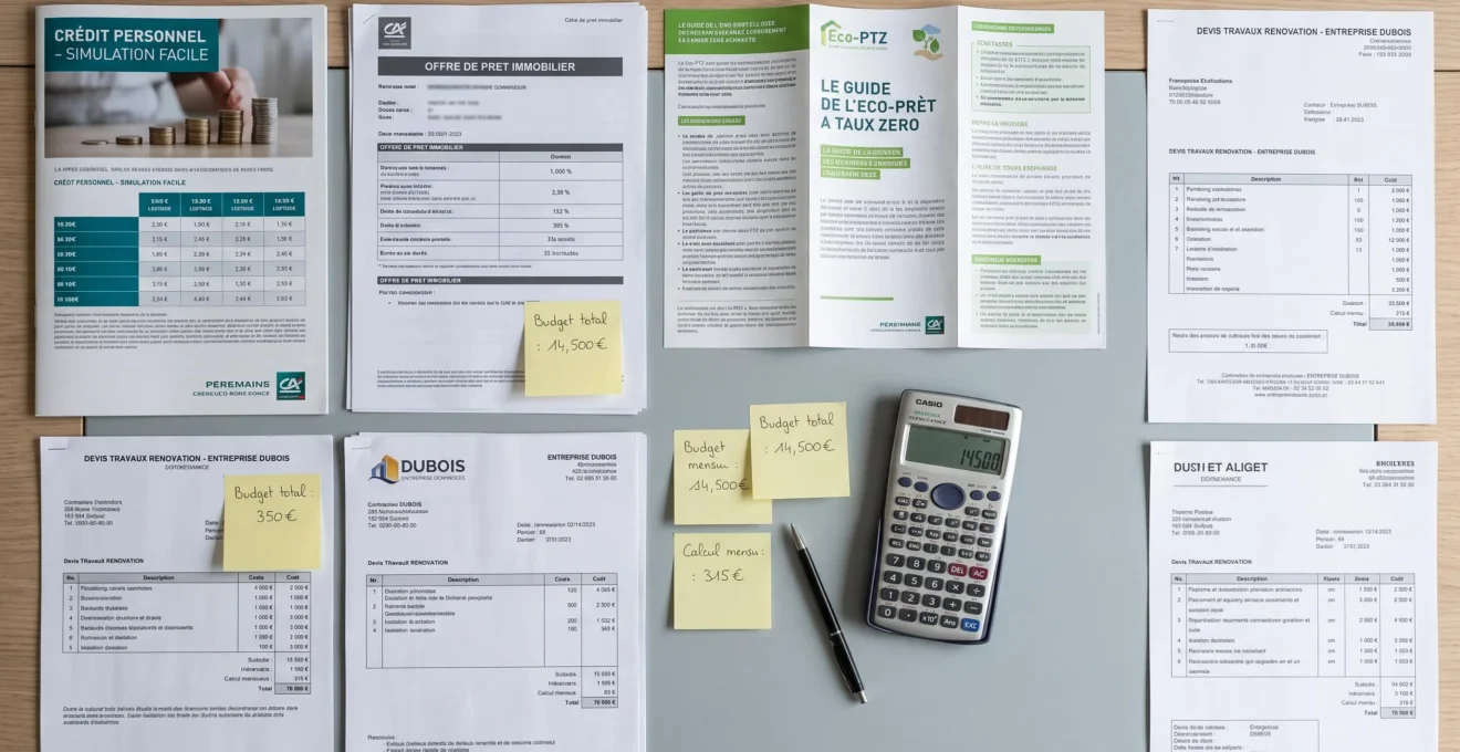 Vue en plongée sur documents bancaires de crédit travaux (prêt personnel, prêt immobilier, Éco-PTZ) et devis artisans disposés horizontalement sur un bureau, accompagnés d'une calculatrice et de notes manuscrites avec montants