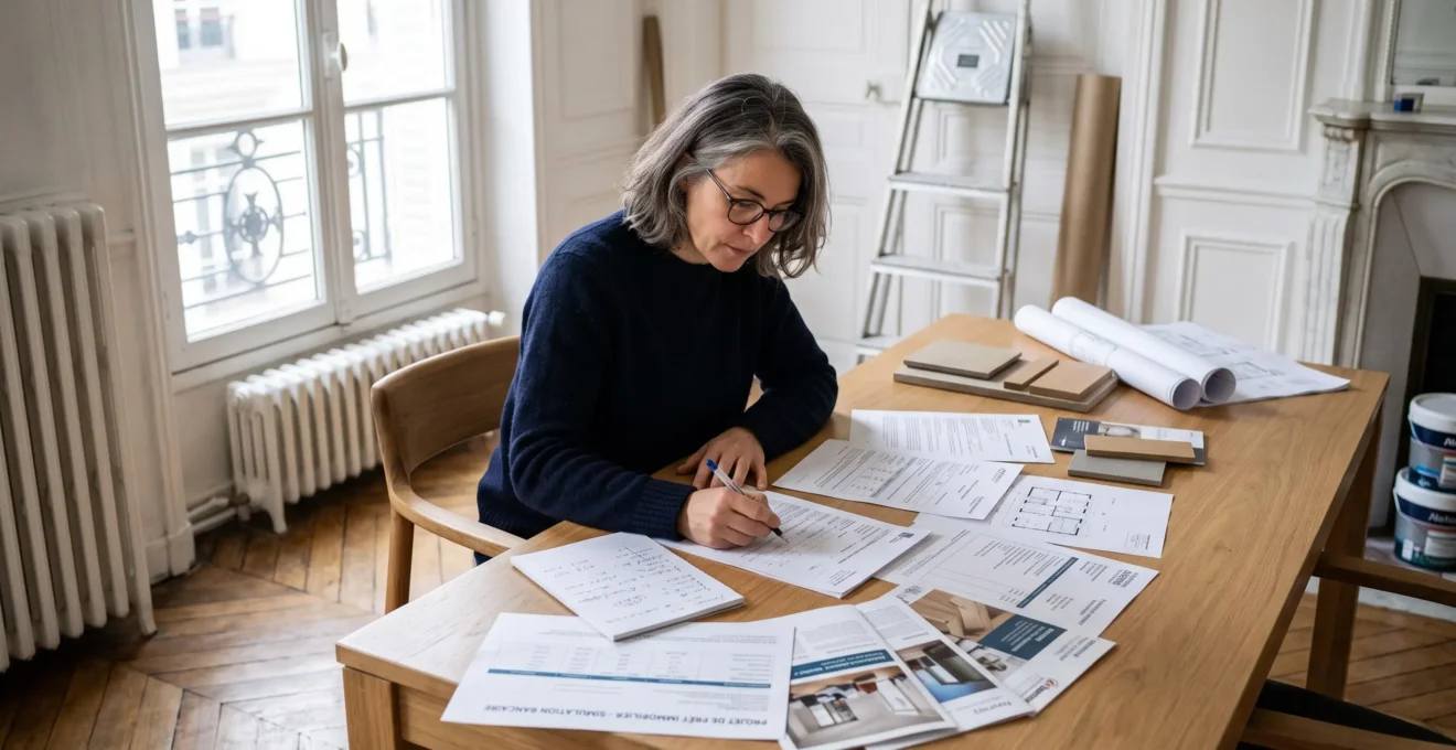 Femme consultant des documents de prêt travaux et devis d'artisans sur une table de séjour, dans une maison française en cours de rénovation avec échelle et plans visibles en arrière-plan