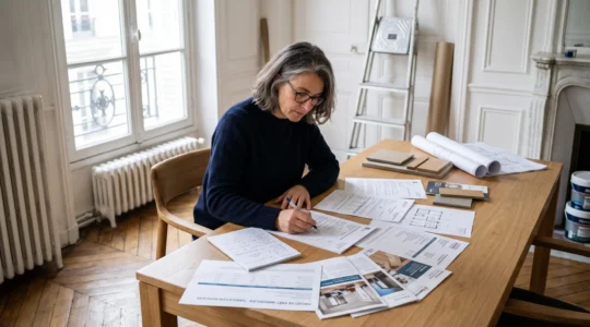 Femme consultant des documents de prêt travaux et devis d'artisans sur une table de séjour, dans une maison française en cours de rénovation avec échelle et plans visibles en arrière-plan