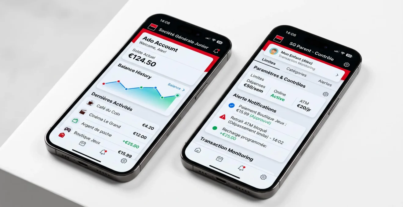 Deux smartphones affichent côte à côte les interfaces de l'application BANXUP pour l'adolescent et de l'application de contrôle parental.