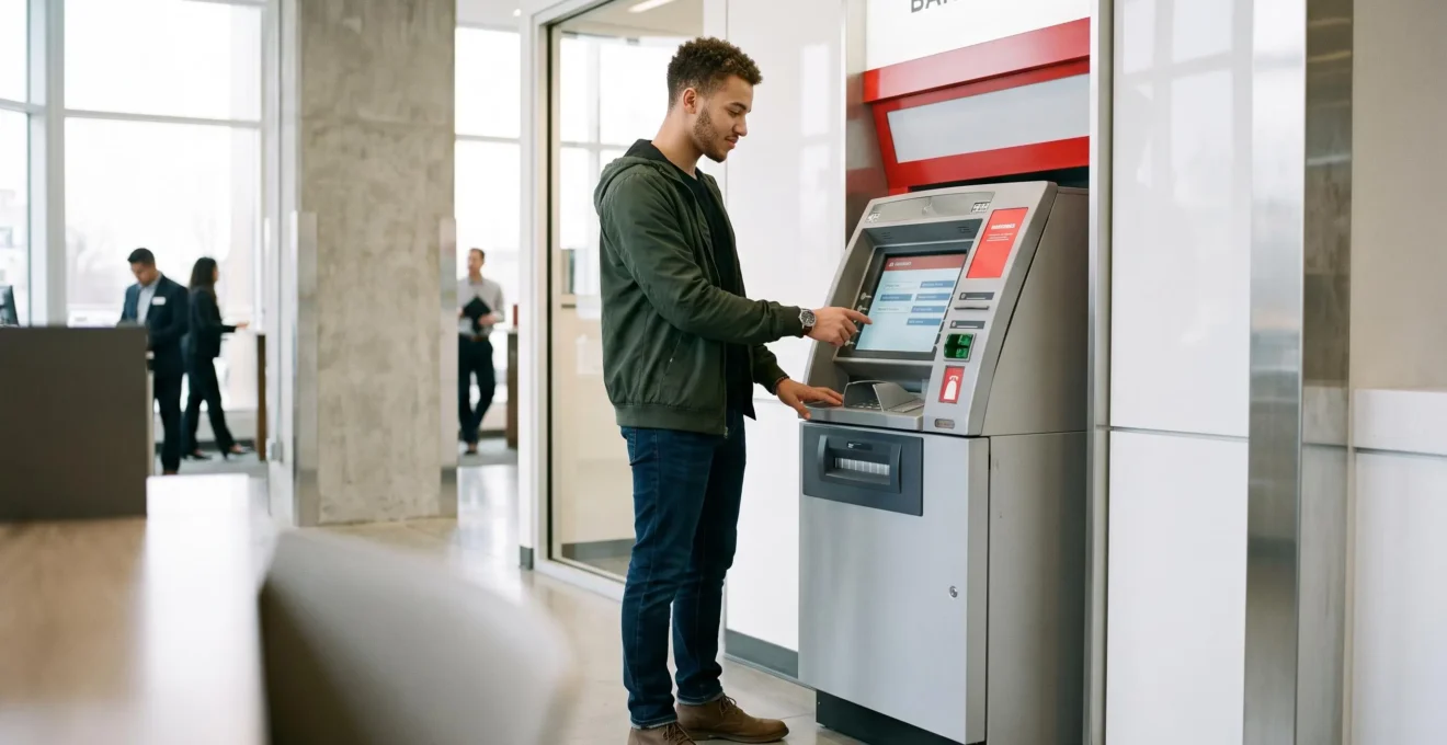 Un jeune adulte utilise de manière autonome un distributeur automatique bancaire dans un environnement moderne.