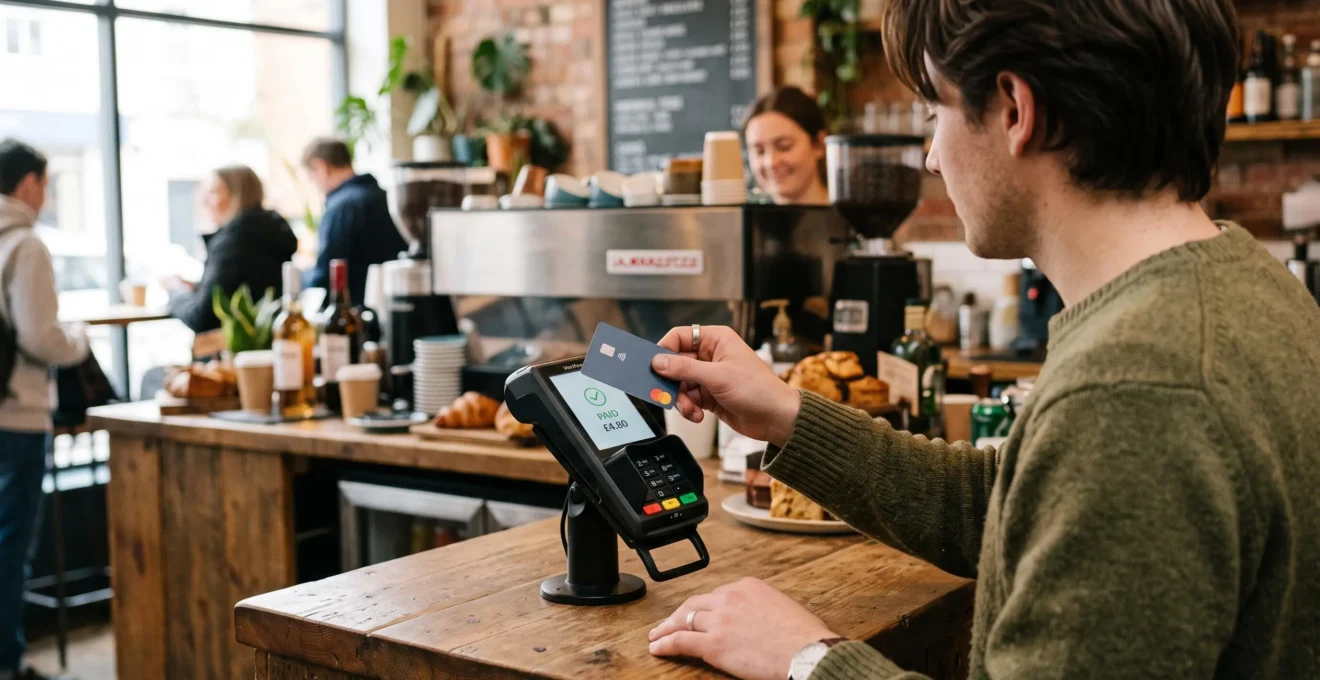 Personne effectuant un paiement sans contact avec une carte bancaire sur un terminal de paiement dans un commerce