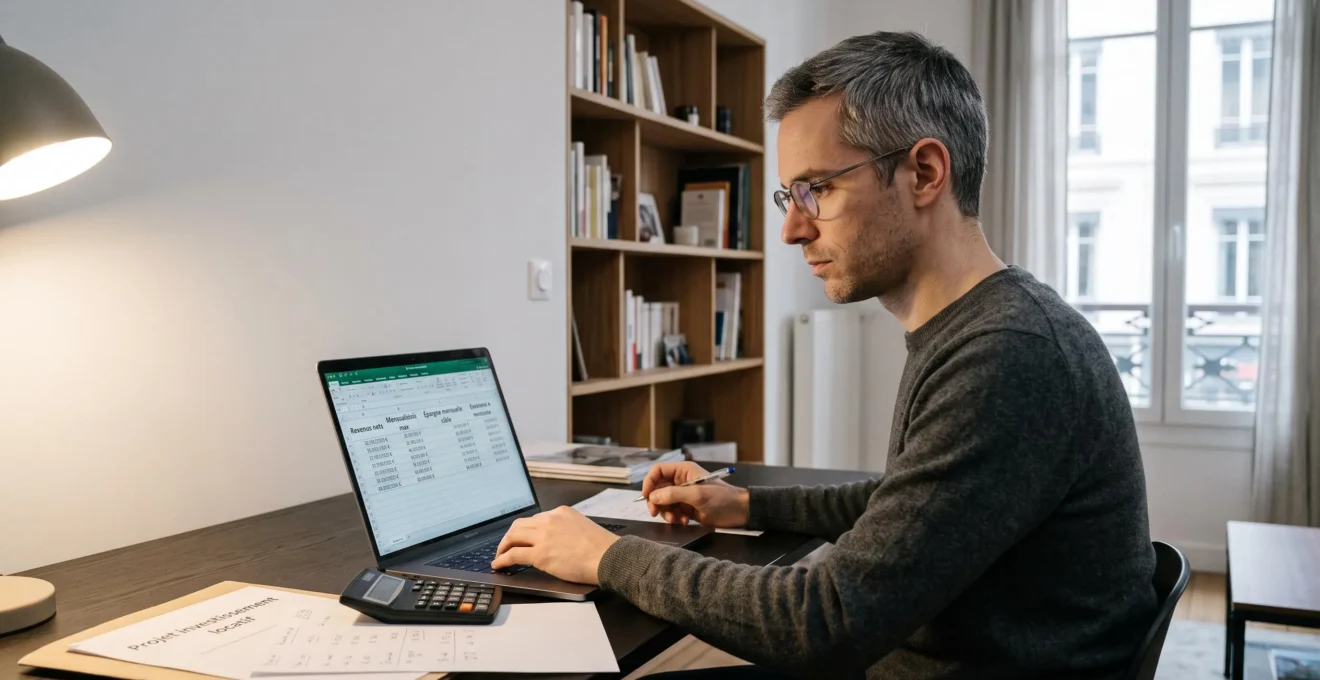 Un homme de 35 ans travaille sur un tableur budgétaire affichant colonnes de revenus nets, mensualité maximale et épargne mensuelle cible pour dimensionner son projet d'investissement locatif, à son bureau domicile avec calculatrice et documents de calcul