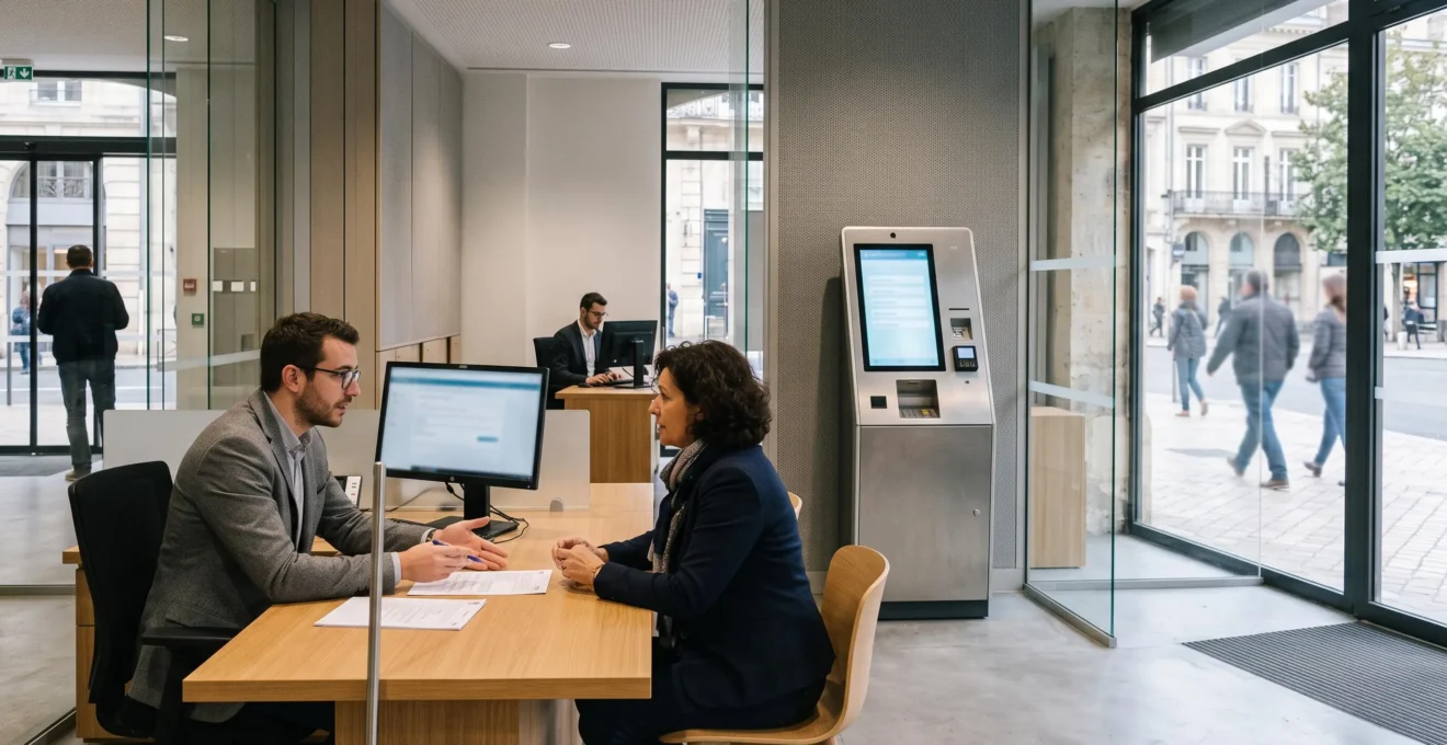 Vue large d'une agence bancaire avec un conseiller en discussion au premier plan et une borne numérique en arrière-plan.