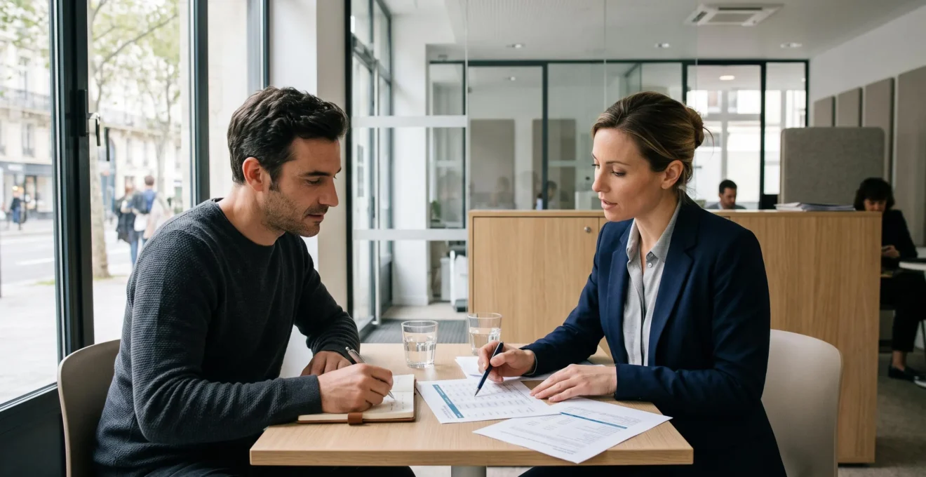 Un conseiller bancaire et une cliente comparent des documents de prêt à une table dans une agence lumineuse.