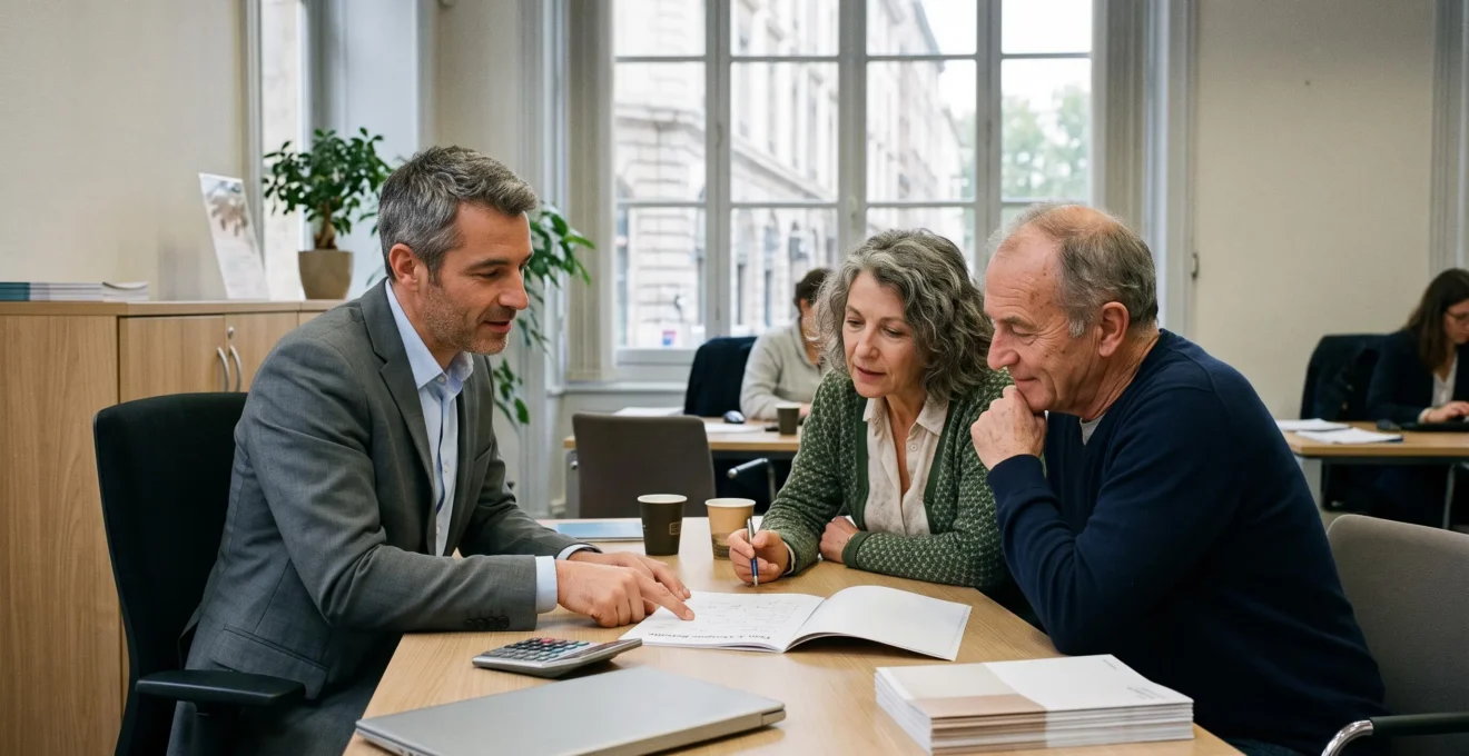 Un conseiller financier et un couple d'âge mûr examinent ensemble un document de plan d'épargne retraite dans une agence bancaire.