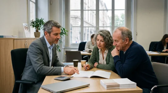 Un conseiller financier et un couple d'âge mûr examinent ensemble un document de plan d'épargne retraite dans une agence bancaire.
