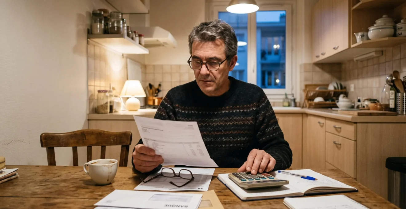 Un homme à son domicile utilise une calculatrice pour examiner un relevé de son épargne retraite posé sur une table de cuisine.