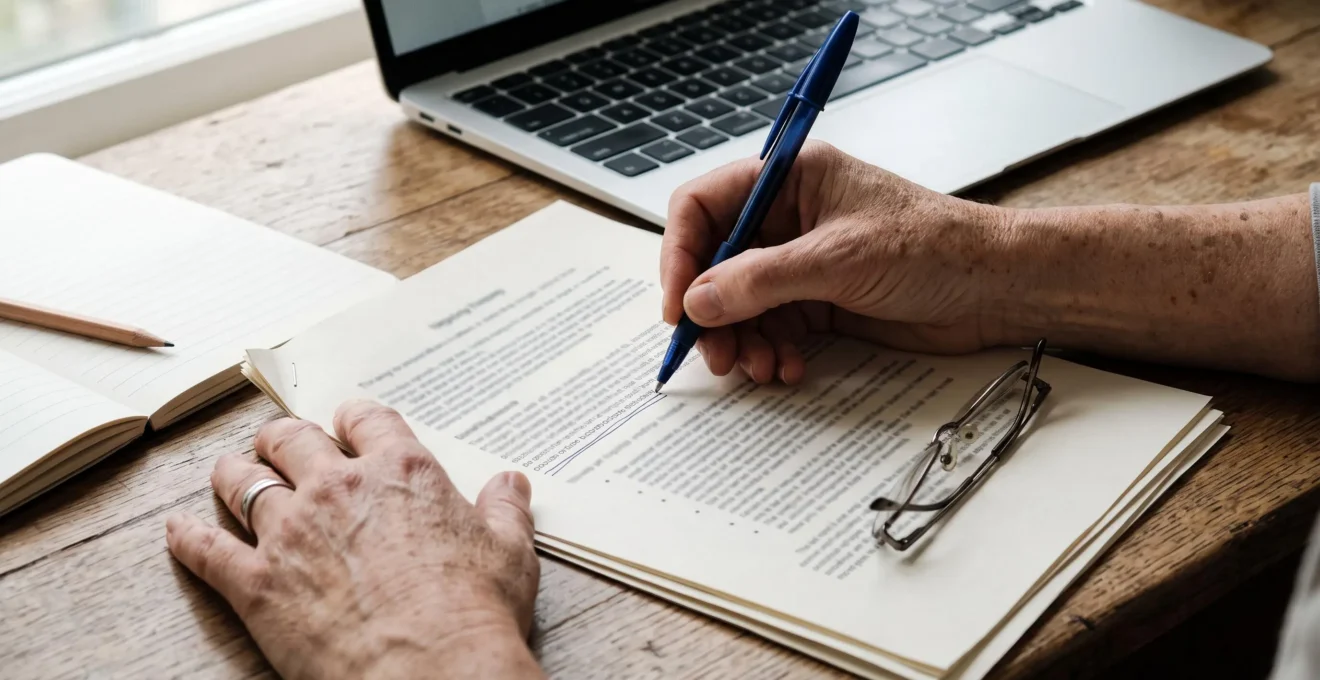 Gros plan sur des mains annotant au stylo un document imprimé de plan d'épargne posé sur un bureau avec des lunettes de lecture.